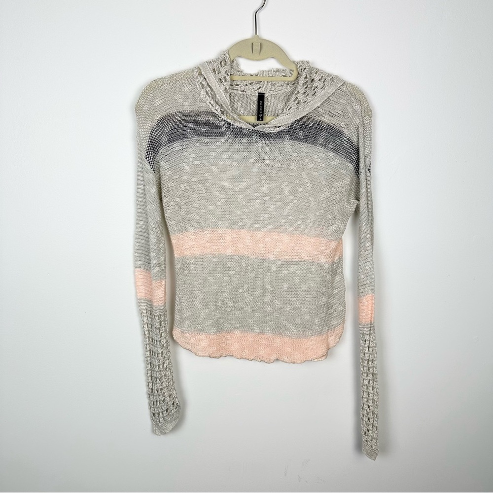 Full Tilt Kids Crochet Knit Beige Coral Striped Boho Long Sleeve Hoodie